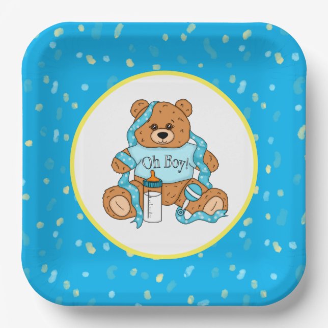 Cartoon blue and yellow Teddy Bear Baby Shower Paper Plates (Front)