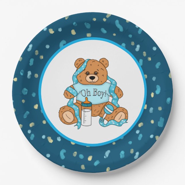 Cartoon blue and yellow Teddy Bear Baby Shower Paper Plates (Front)