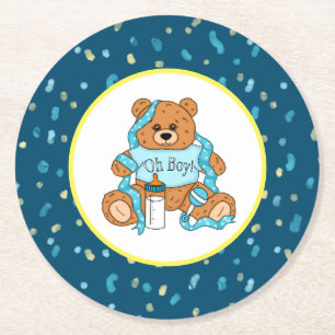 Cartoon blue and yellow Teddy Bear Baby Shower Round Paper Coaster