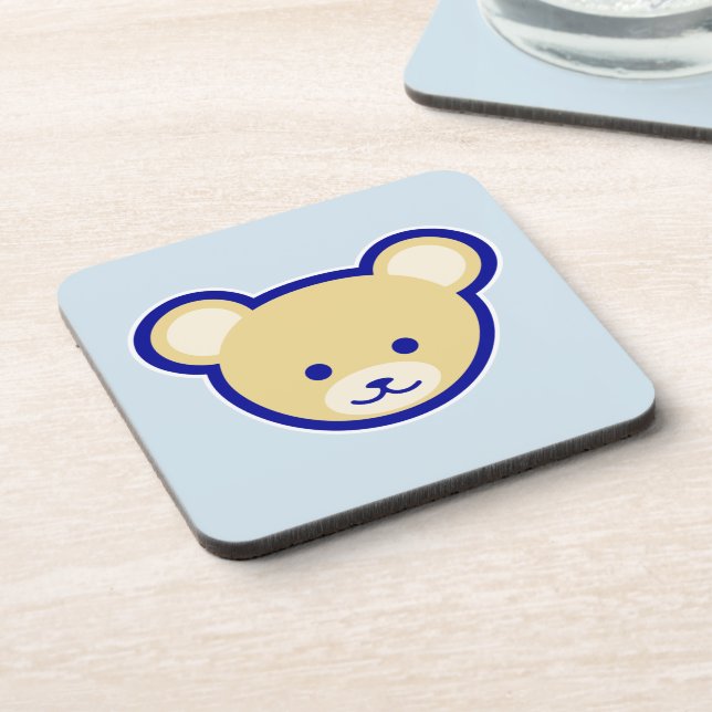 Cartoon Blue Beige Teddy Bear Cute Funny Beverage Coaster (Left Side)