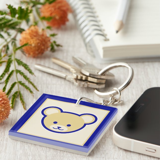 Cartoon Blue Beige Teddy Bear Cute Funny Keychain (Front Right)
