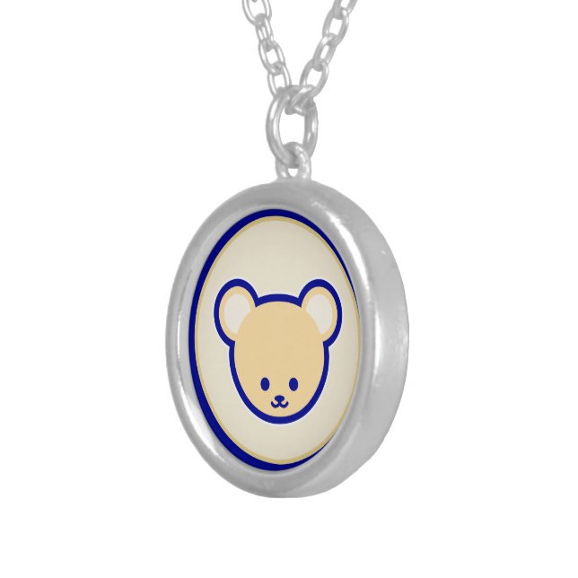 Cartoon Blue Beige Teddy Bear Cute Funny Silver Plated Necklace (Front Right)