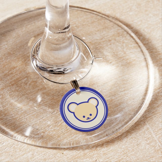 Cartoon Blue Beige Teddy Bear Cute Funny Wine Charm (In Situ)