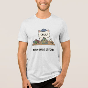 Cartoon Blue Beret Cat Knitting Colorful Yarn Love Tri-Blend Shirt