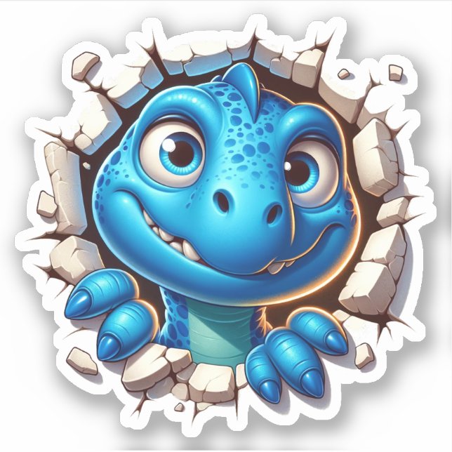 Cartoon Blue Dinosaur Peeking from Cracked Sticker (Front)