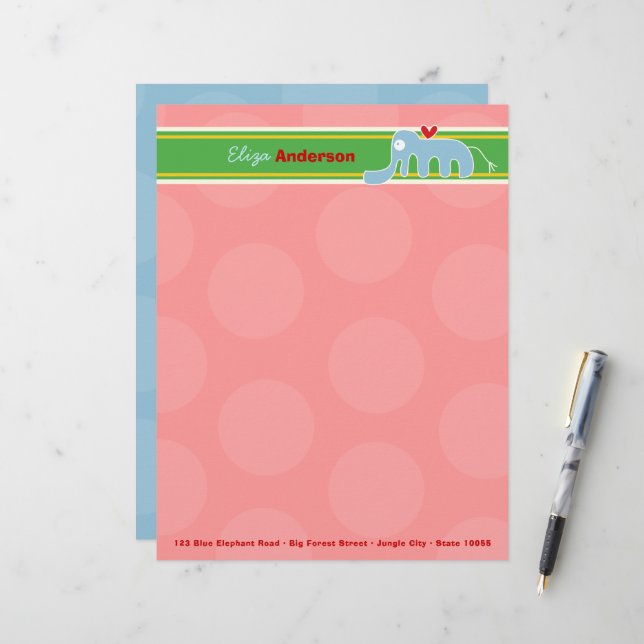 Cartoon Blue Elephant Fun Pink Dots Kids Children Letterhead (Front/Back In Situ)