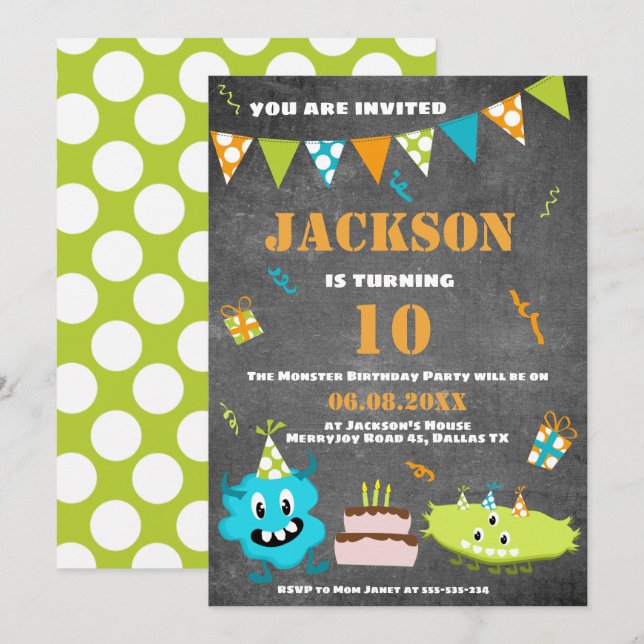 Cartoon Blue Green Monster Custom Text Birthday Invitation (Front/Back)