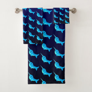 Cartoon blue narwhals pattern on Navy Blue Bath Towel Set