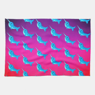 Cartoon blue narwhals pattern on Navy Blue Kitchen Towel