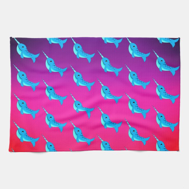 Cartoon blue narwhals pattern on Navy Blue Kitchen Towel (Horizontal)