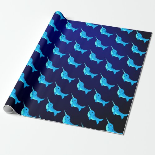 Cartoon blue narwhals pattern on Navy Blue Wrapping Paper