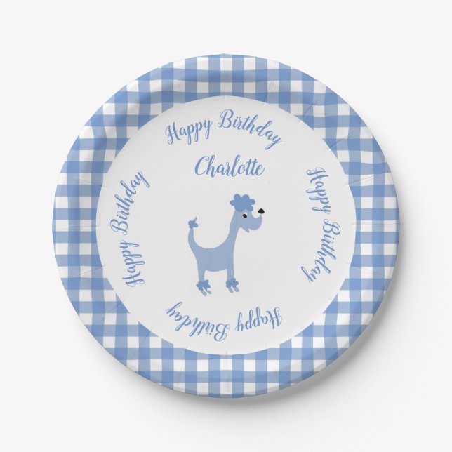 Cartoon blue poodle Posh Paws gingham birthday Paper Plates (Front)