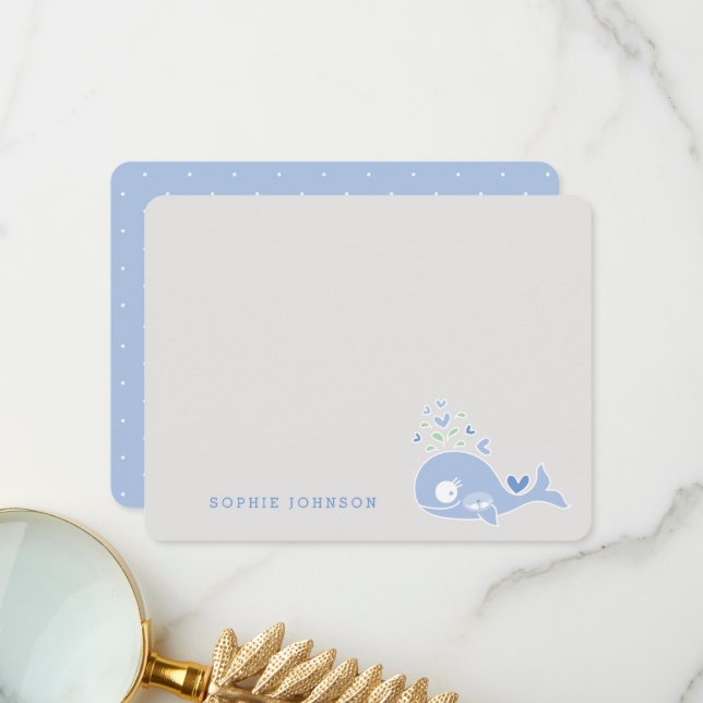 Cartoon Blue Pregnant Whale Boy Twins Baby Shower Thank You Card (Front/Back In Situ)