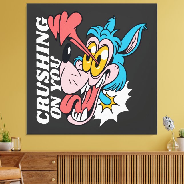 Cartoon Blue Wolf with Text – "Crushing On You" Canvas Print (Insitu(LivingRoom))
