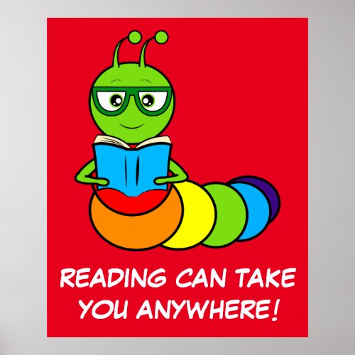 Cartoon Bookworm with Book and Glasses Poster