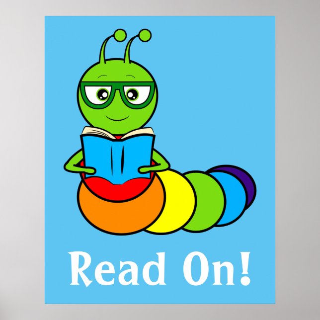 Cartoon Bookworm with Book and Glasses Poster (Front)