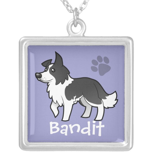 Cartoon Border Collie (add your pets name) Silver Plated Necklace (Front)