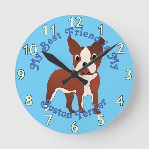 Cartoon Boston Terrier Brindle Round Clock