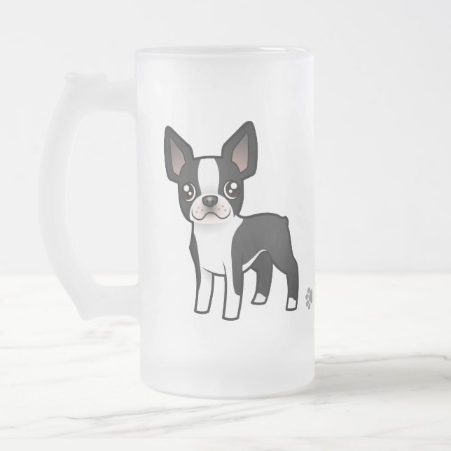 Cartoon Boston Terrier Frosted Glass Beer Mug (Left)