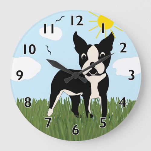Cartoon Boston Terrier v9 Large Clock