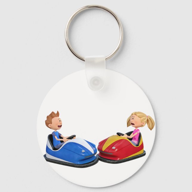 Cartoon boy and girl in Bumper Cars Keychain (Front)