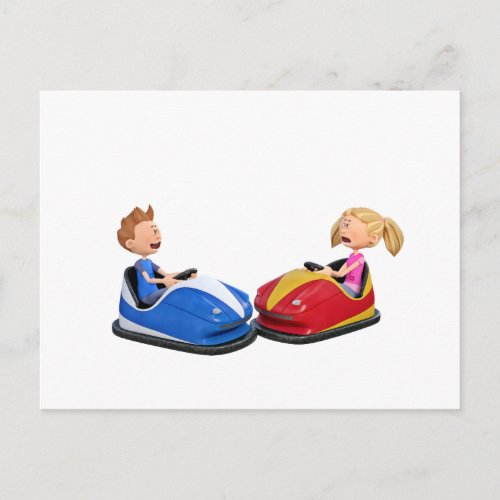 Cartoon boy and girl in Bumper Cars Postcard