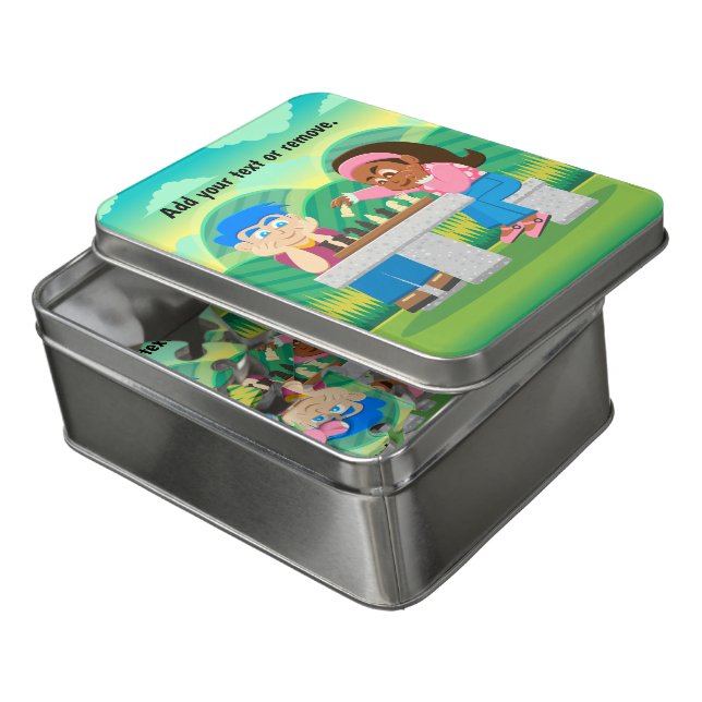 Cartoon, boy & black girl playing chess outdoors, jigsaw puzzle (Lid Open)