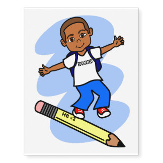 Cartoon Boy Floating on Pencil Temporary Tattoo