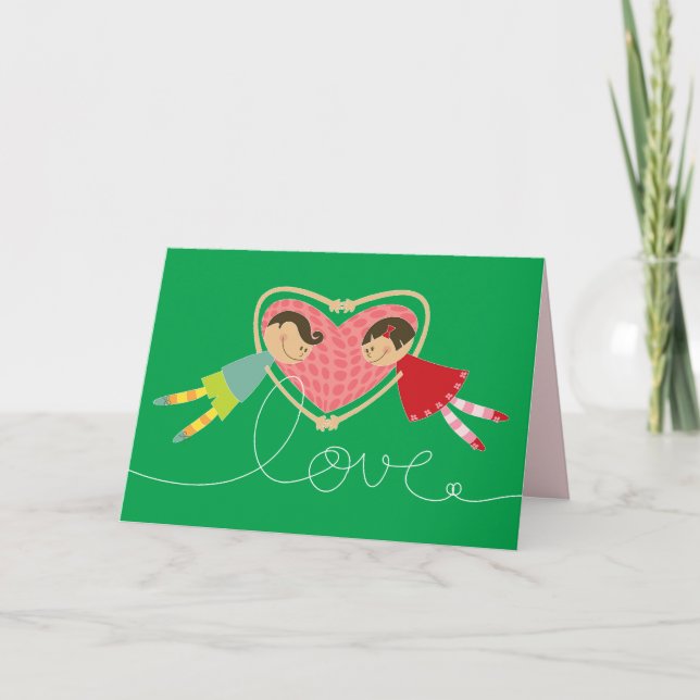 Cartoon Boy & Girl Holding Hands In Love Valentine Holiday Card (Front)