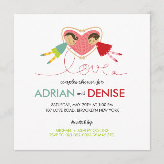 Cartoon Boy Girl Love Heart Couples Wedding Shower Invitation
