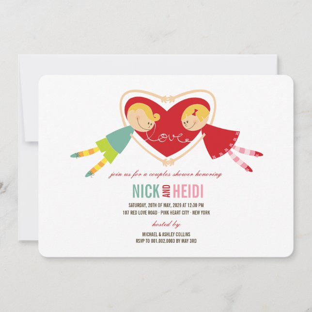 Cartoon Boy Girl Love Heart Couples Wedding Shower Invitation (Front)