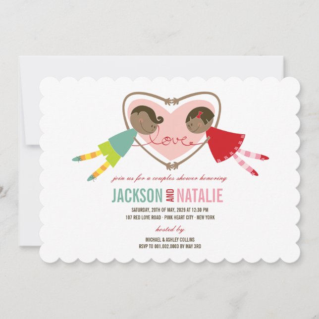 Cartoon Boy Girl Love Heart Couples Wedding Shower Invitation (Front)