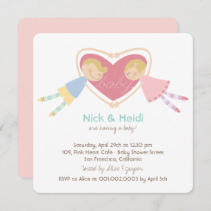 Cartoon Boy Hearts Girl Love Couples Baby Shower Invitation