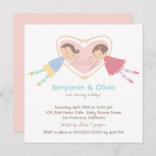 Cartoon Boy Hearts Girl Love Couples Baby Shower Invitation