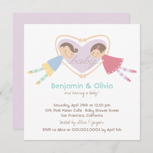 Cartoon Boy Hearts Girl Love Couples Baby Shower Invitation