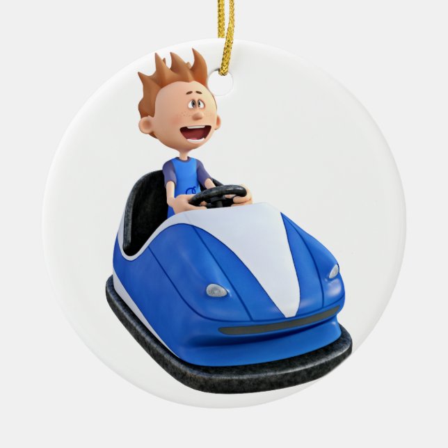 Cartoon boy in a bumper car ceramic ornament (Front)