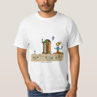 Cartoon boy looks at outhouse balloon T-Shirt