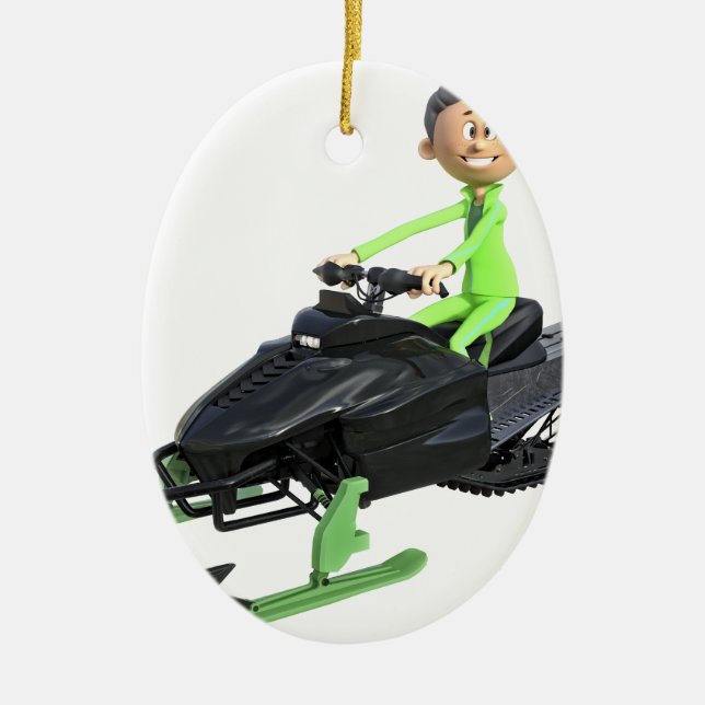 Cartoon Boy on a Snowmobile Ceramic Ornament (Front)