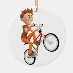 Cartoon Boy on Bike Doing A Wheelie Ceramic Ornament