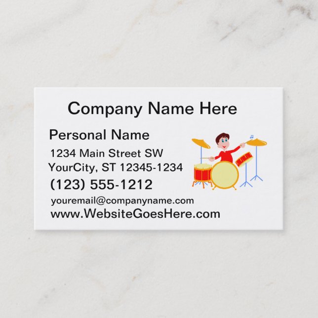 Cartoon boy playing drumset jagged edges business card (Front)