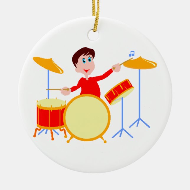 Cartoon boy playing drumset jagged edges ceramic ornament (Front)