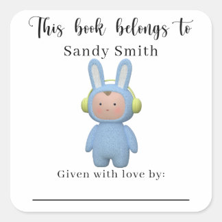 cartoon boy rabbit - This book belongs Square Sticker