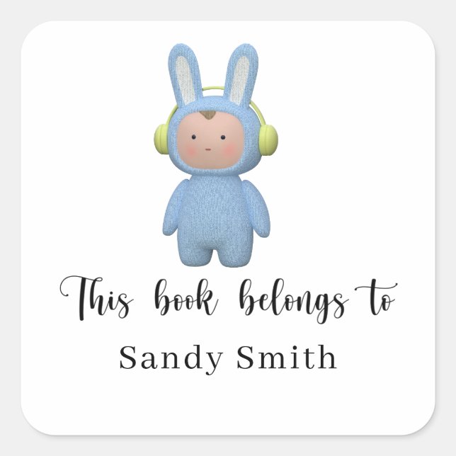 cartoon boy rabbit - This book belongs to Square Sticker (Front)
