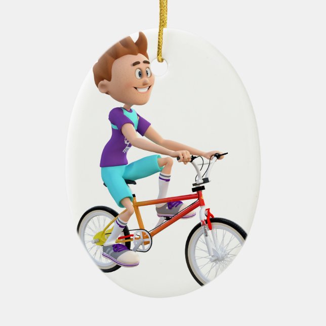Cartoon Boy Riding A Bike Ceramic Ornament (Front)
