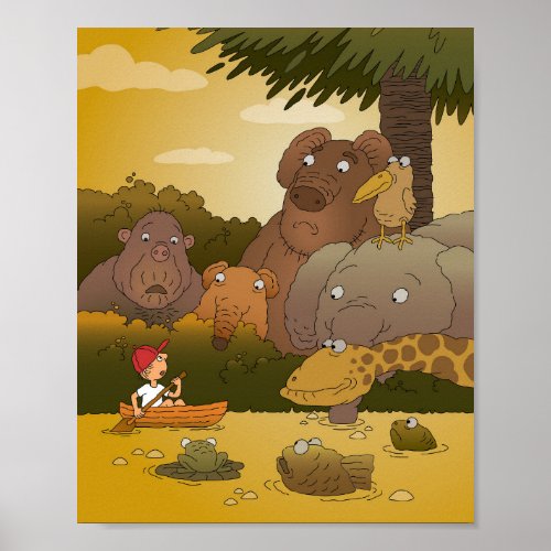 Cartoon Boy Tropical Jungle Animal Poster