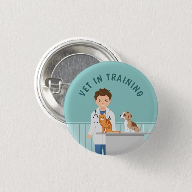 Cartoon Boy Veterinarian And Text Vet In Training Button (Front & Back)