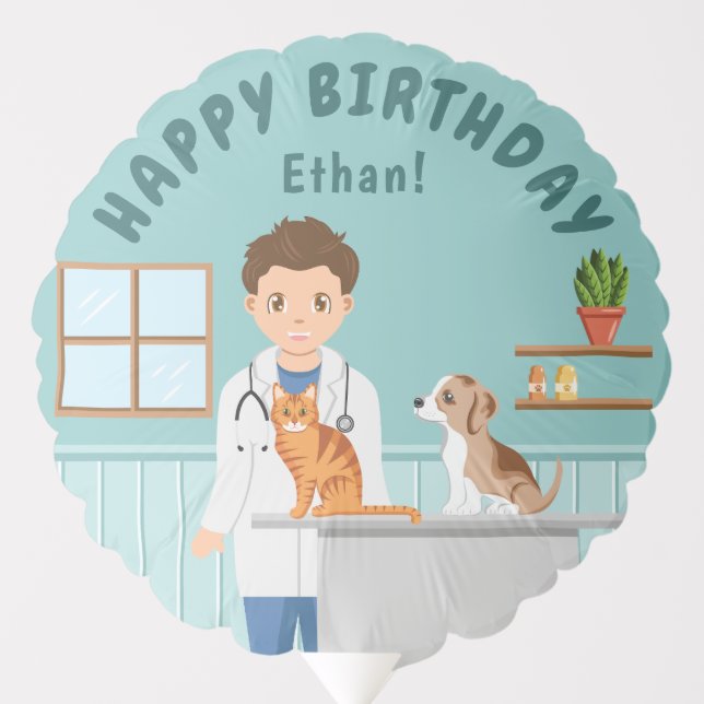 Cartoon Boy Veterinarian Cute Happy Birthday Balloon (Front)