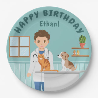 Cartoon Boy Veterinarian Teal Happy Birthday Paper Plates