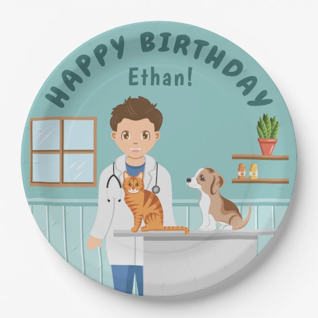 Cartoon Boy Veterinarian Teal Happy Birthday Paper Plates (Front)