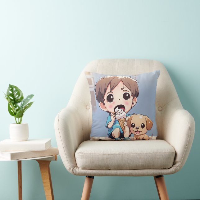 Cartoon Boy With Ice Cream Cone Throw Pillow (Chair)